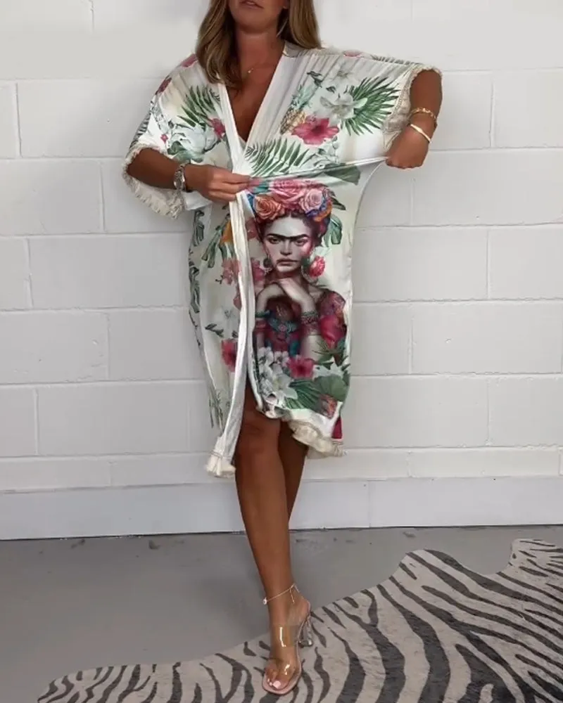 Casual character floral print half-sleeve coat