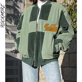 Corduroy Patchwork Baseball Jackets Women Bomber Jacket Y2K Autumn Casual Oversize Unisex Coats Harajuku Overcoats