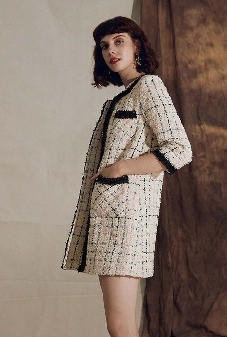 Front Pockets Mid-length Tweed Coat