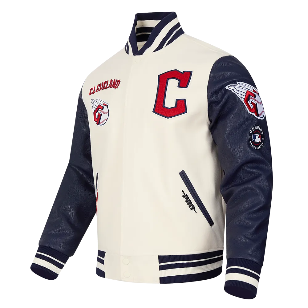 MLB CLEVELAND GUARDIANS RETRO CLASSIC MEN'S RIB WOOL VARSITY JACKET (EGGSHELL/ MIDNIGHT NAVY)