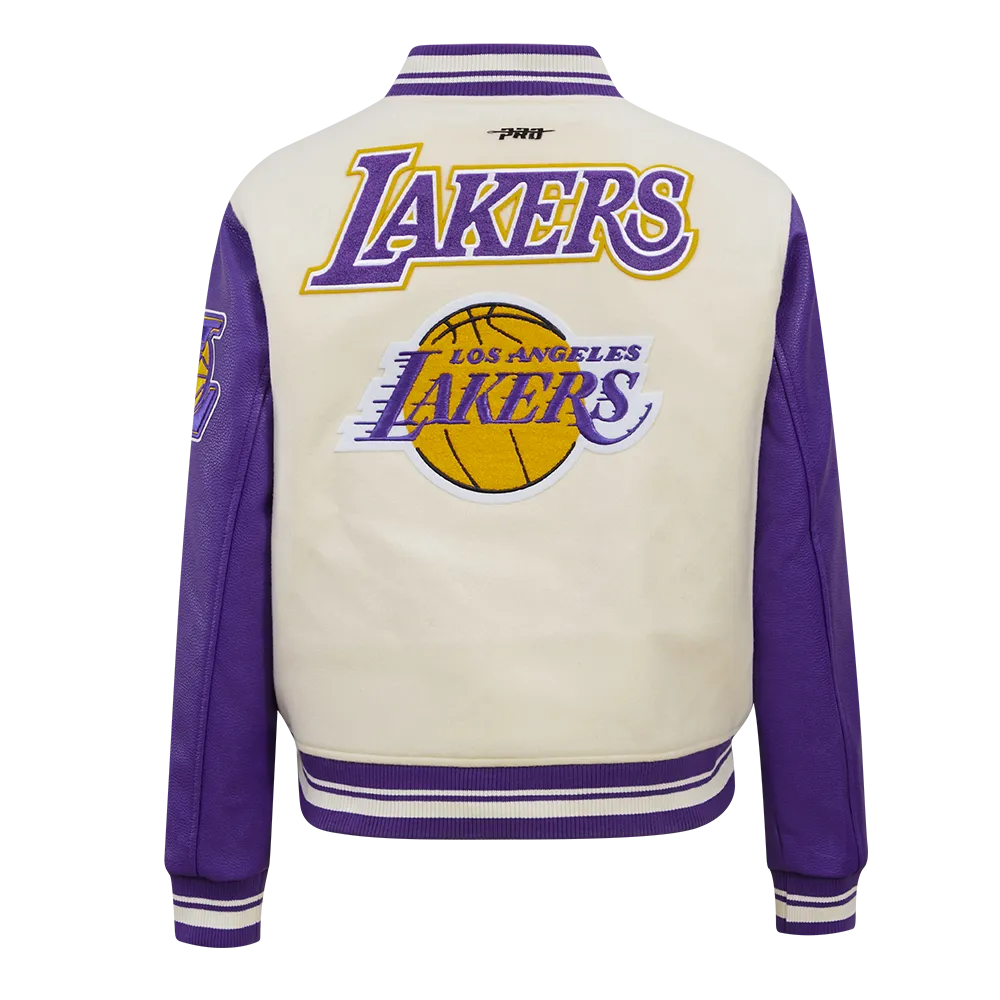 NBA LOS ANGELES LAKERS RETRO CLASSIC WOMEN'S RIB WOOL VARSITY JACKET (EGGSHELL/ PURPLE)