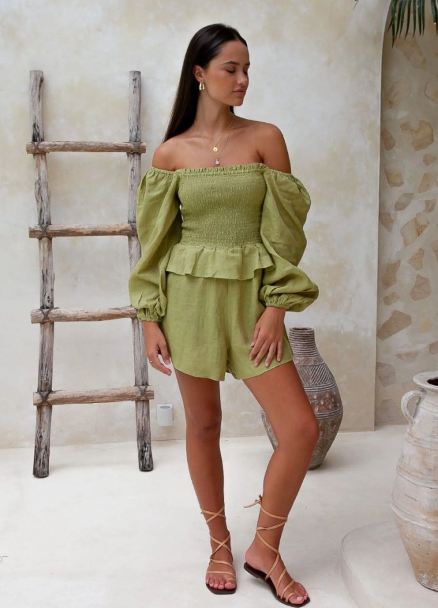 Palm Collective - Montana Linen Playsuit - Moss