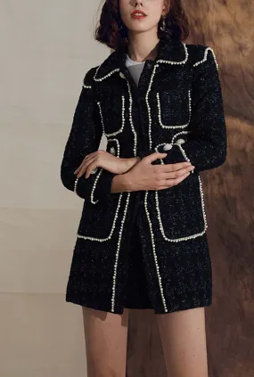 Pearl Decoration Mid-length Black Tweed Coat