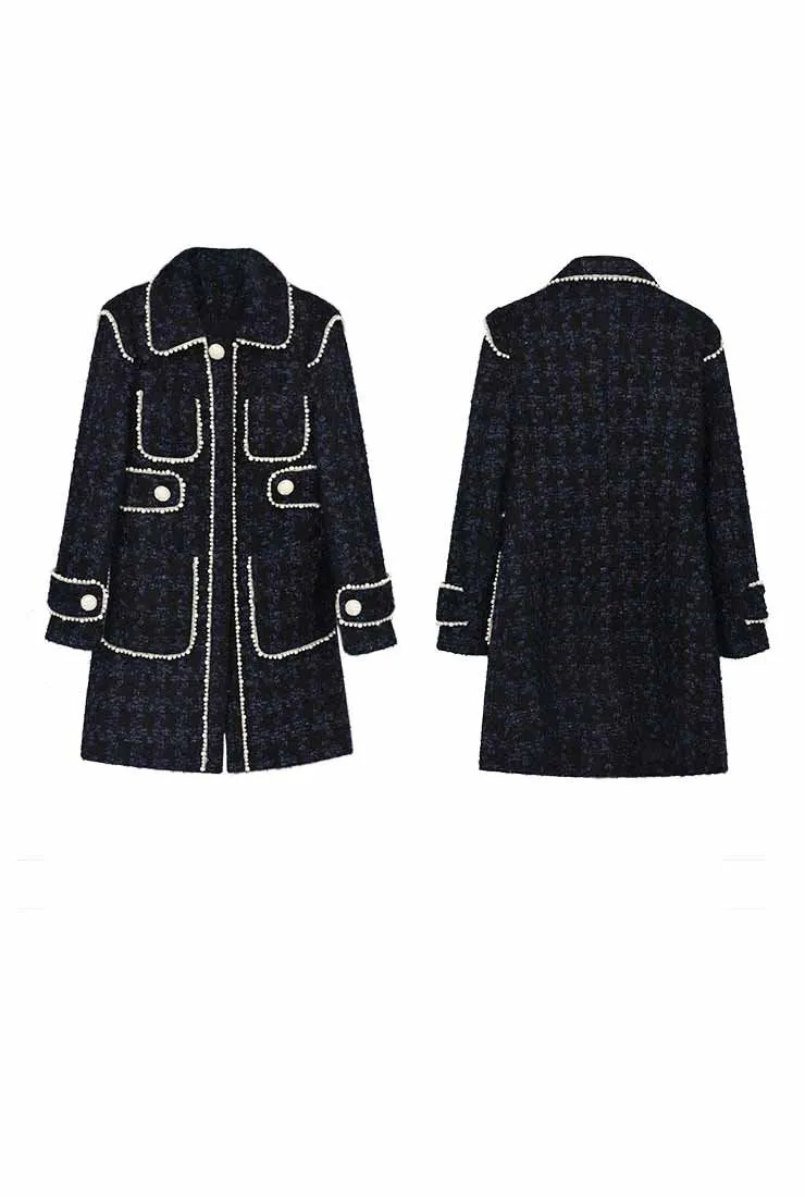 Pearl Decoration Mid-length Black Tweed Coat