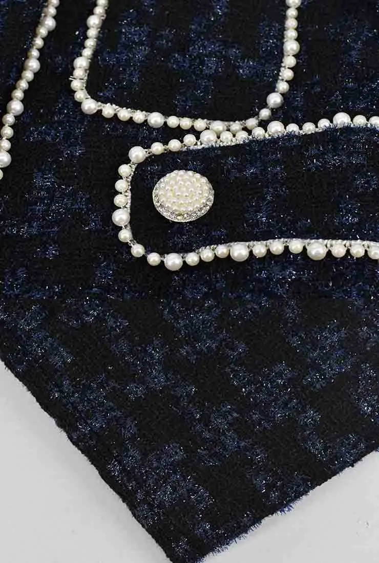 Pearl Decoration Mid-length Black Tweed Coat