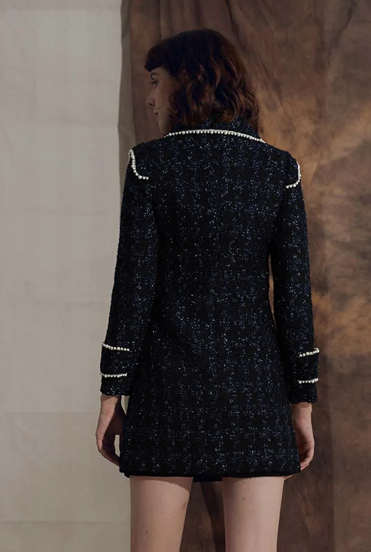 Pearl Decoration Mid-length Black Tweed Coat