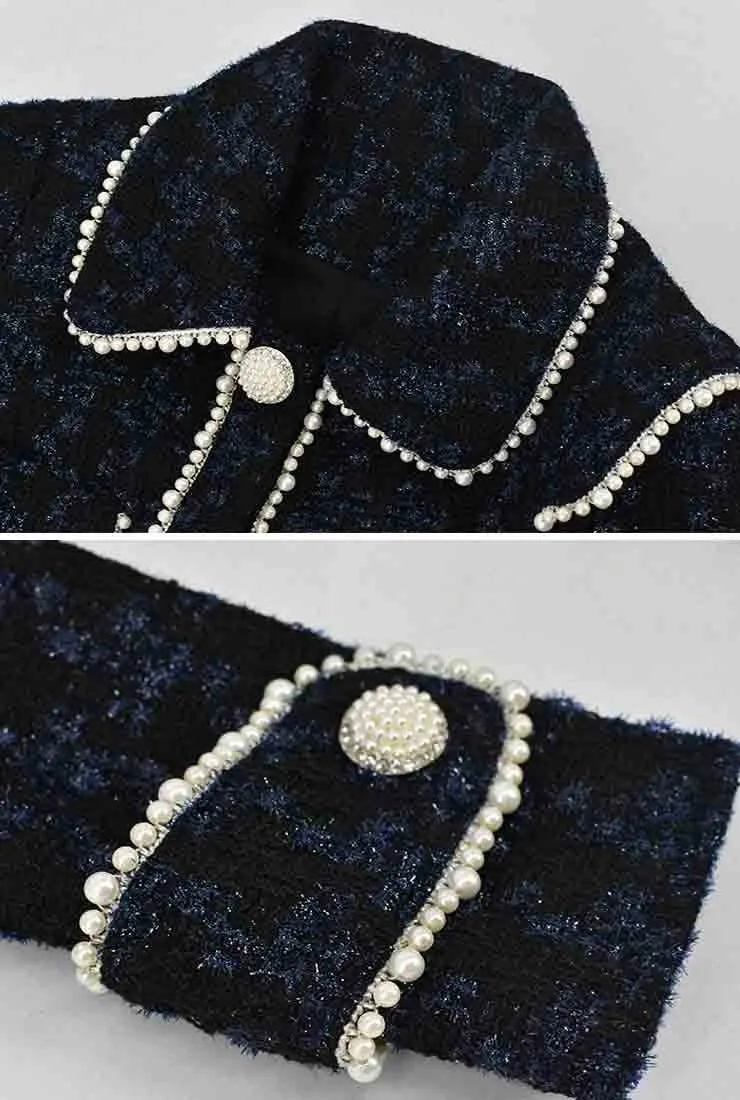 Pearl Decoration Mid-length Black Tweed Coat