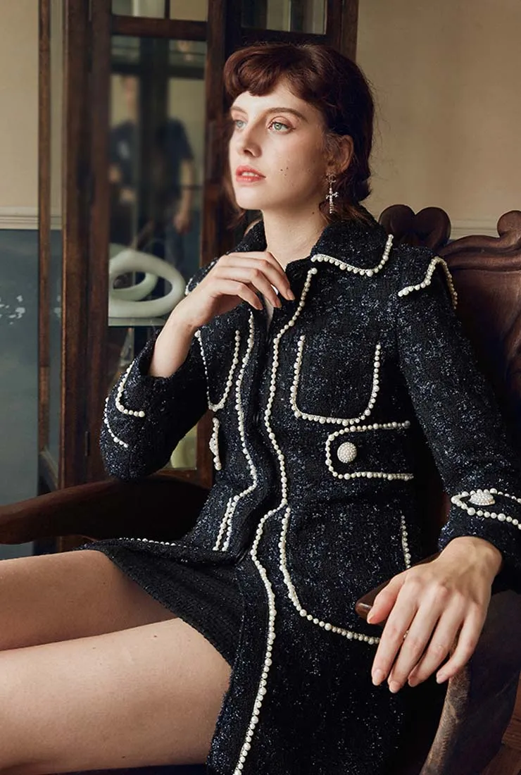 Pearl Decoration Mid-length Black Tweed Coat
