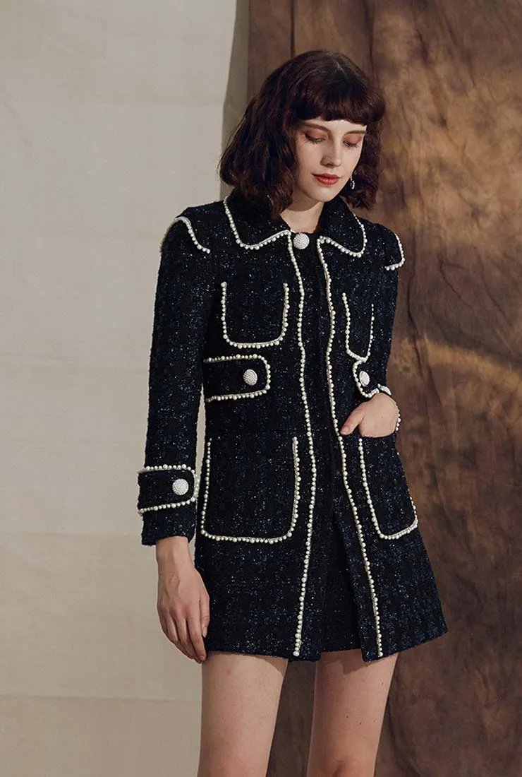 Pearl Decoration Mid-length Black Tweed Coat