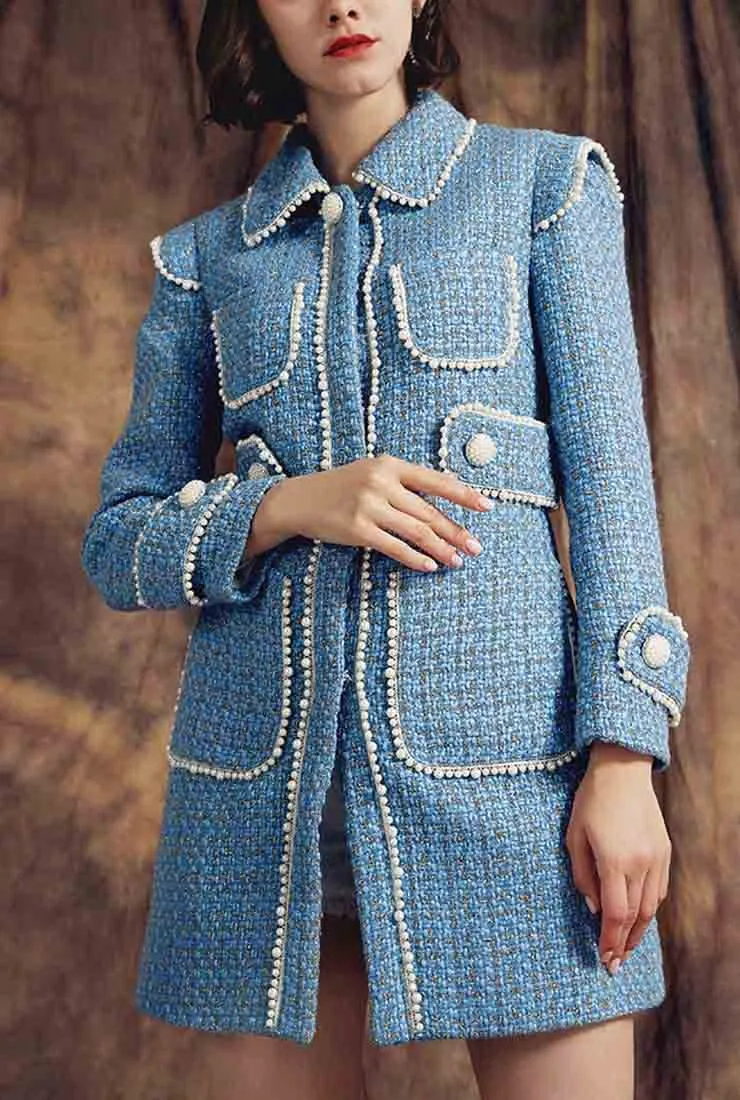 Pearl Decoration Slim Blue Tweed Long Overcoat