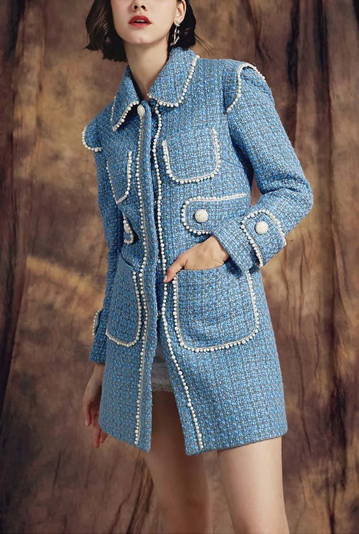 Pearl Decoration Slim Blue Tweed Long Overcoat
