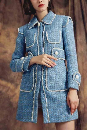 Pearl Decoration Slim Blue Tweed Long Overcoat