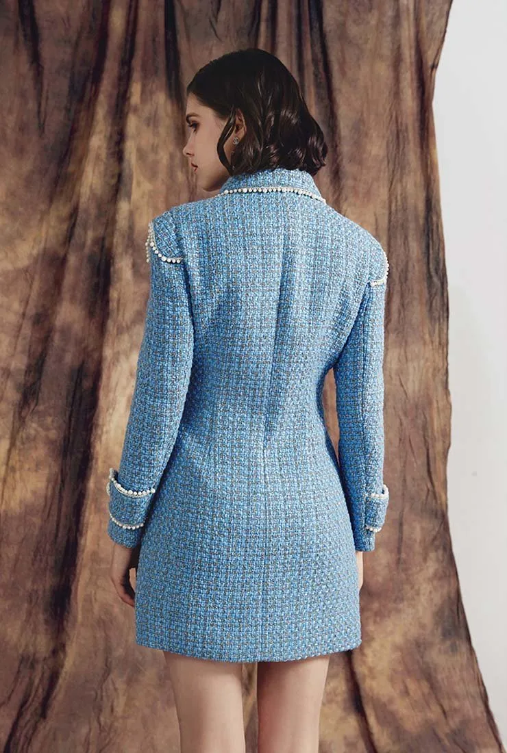 Pearl Decoration Slim Blue Tweed Long Overcoat