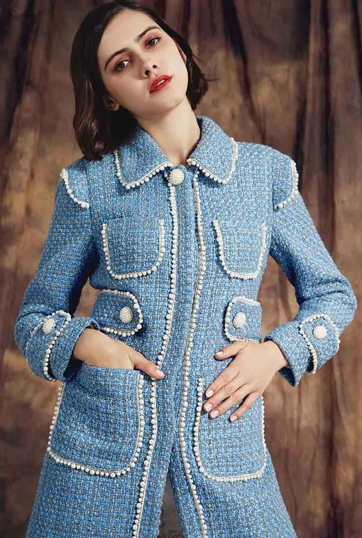 Pearl Decoration Slim Blue Tweed Long Overcoat