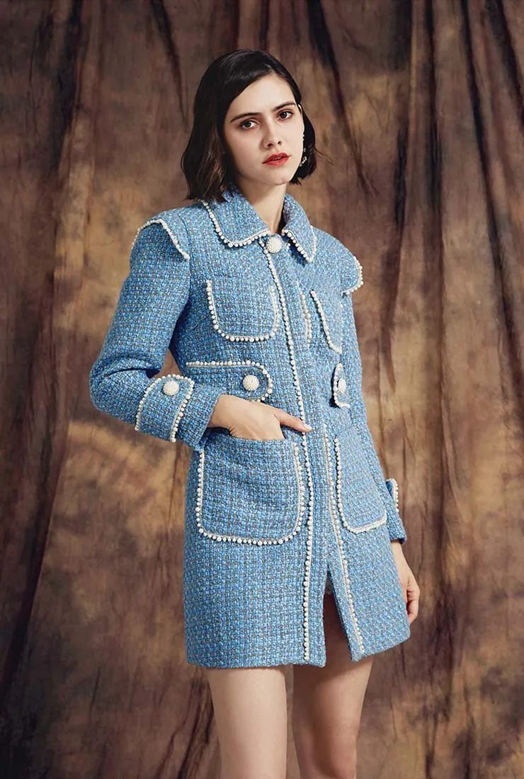 Pearl Decoration Slim Blue Tweed Long Overcoat