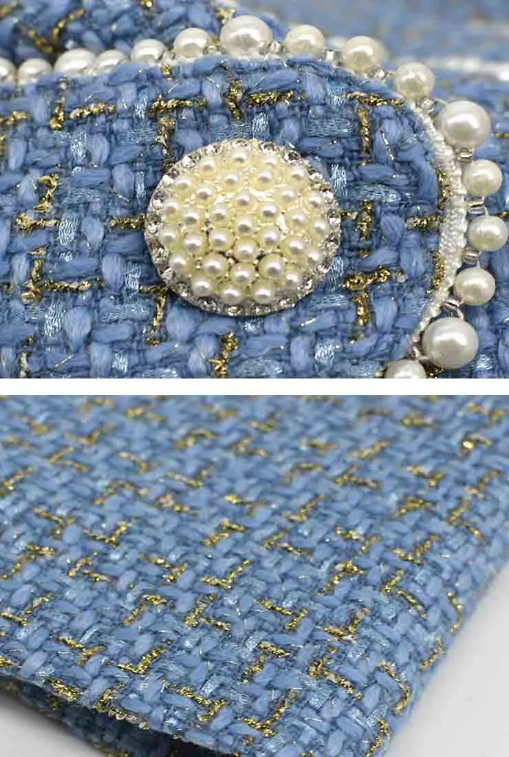 Pearl Decoration Slim Blue Tweed Long Overcoat