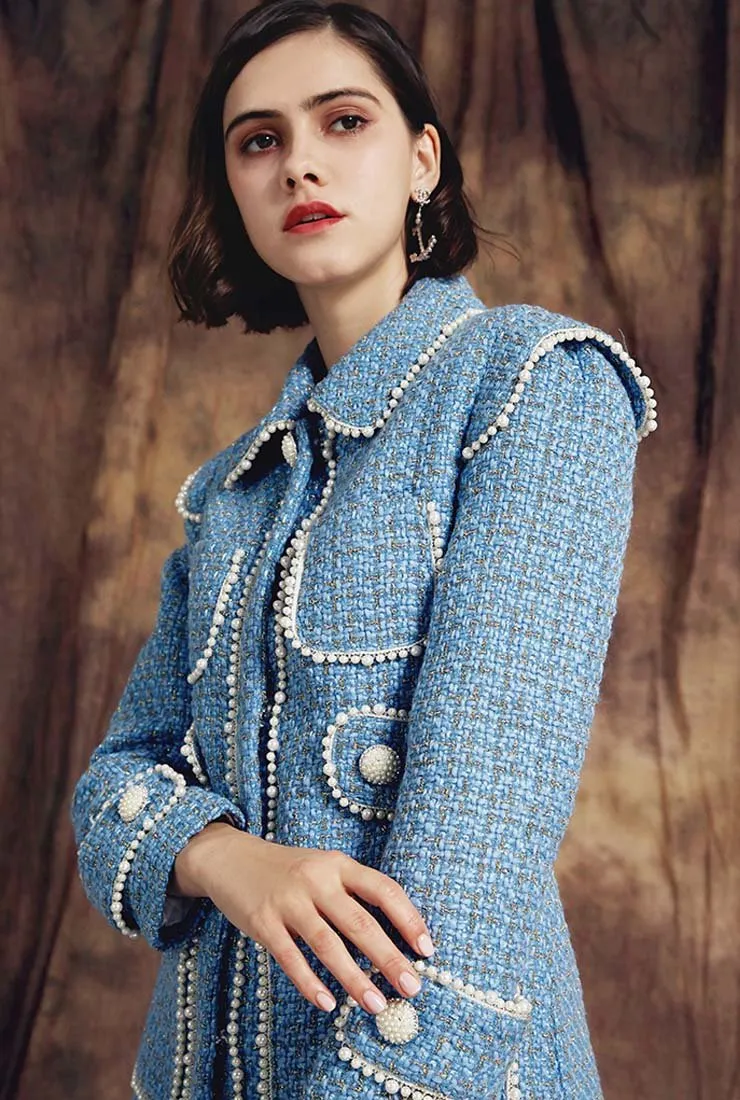Pearl Decoration Slim Blue Tweed Long Overcoat