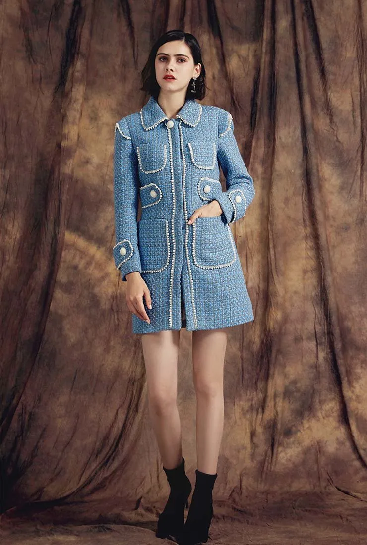 Pearl Decoration Slim Blue Tweed Long Overcoat