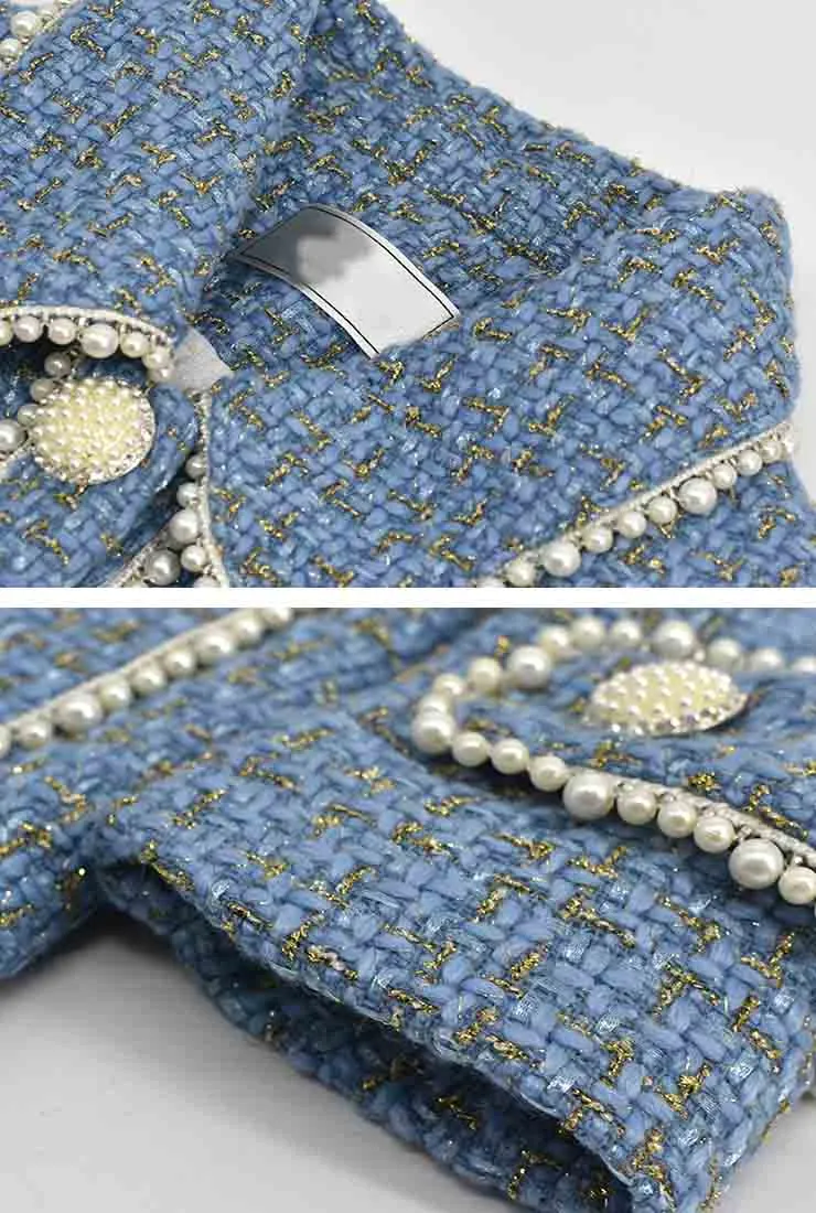 Pearl Decoration Slim Blue Tweed Long Overcoat