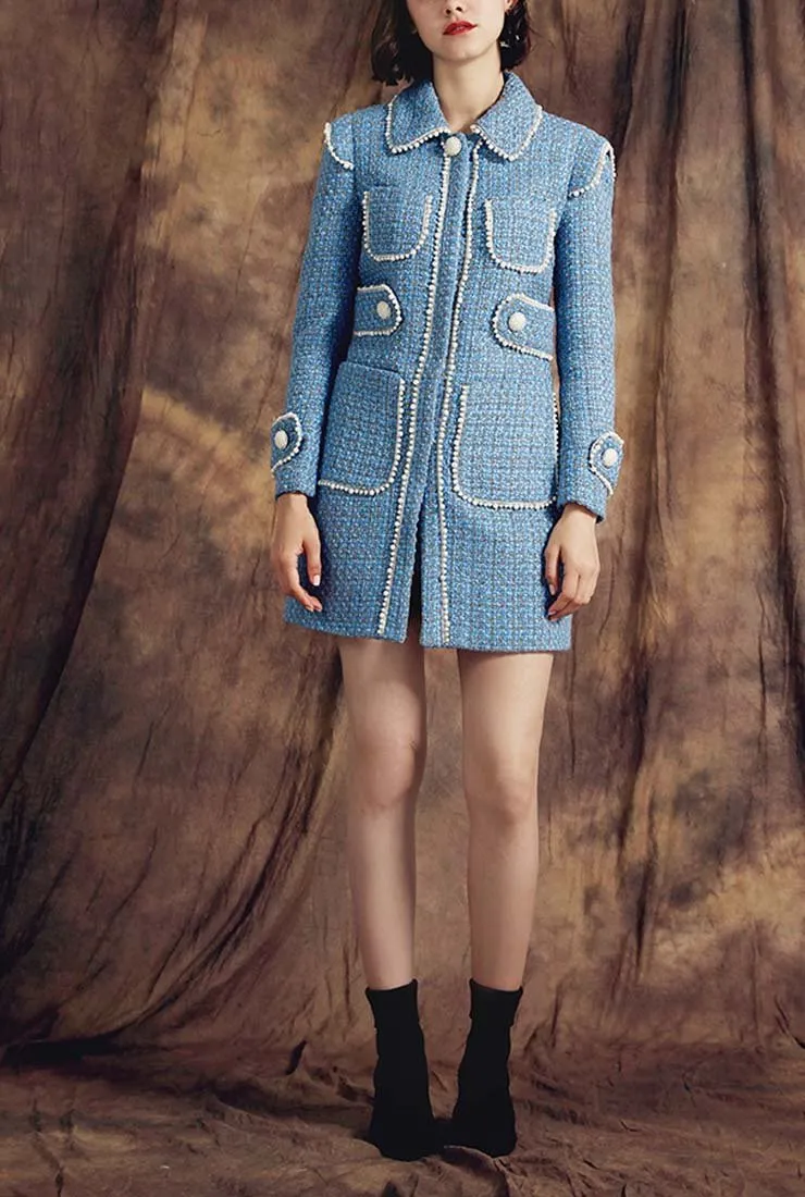 Pearl Decoration Slim Blue Tweed Long Overcoat
