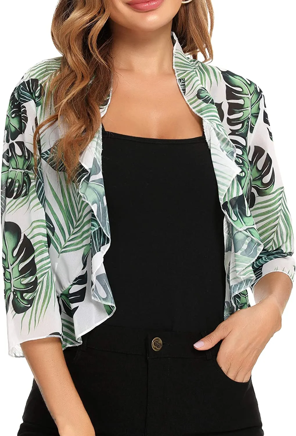 Women's 3/4 Sleeve Cropped Bolero Shrug Open Front Cardigan