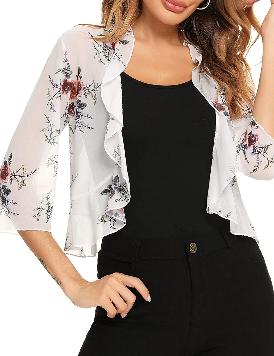 Women's 3/4 Sleeve Cropped Bolero Shrug Open Front Cardigan