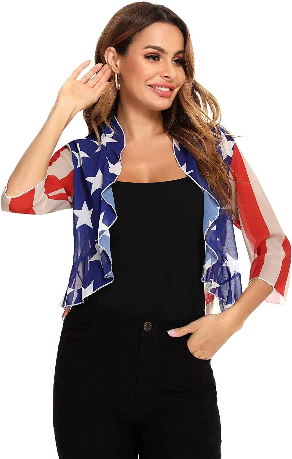 Women's 3/4 Sleeve Cropped Bolero Shrug Open Front Cardigan